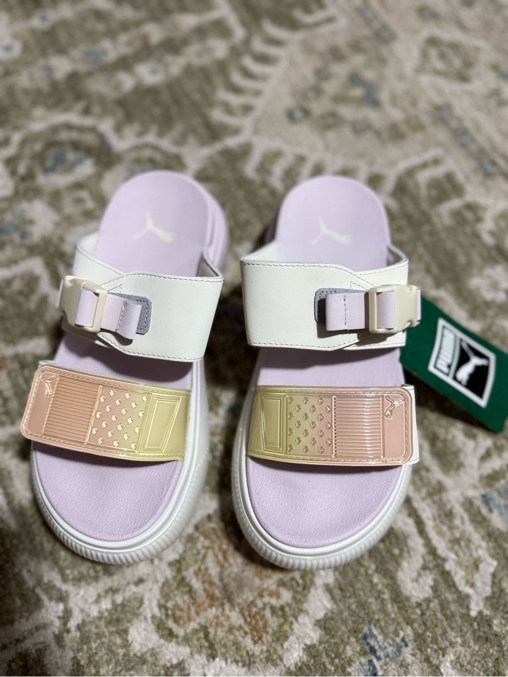 Puma Kids Pastel Pink and Cream Slide Sandals with Iridescent Accents